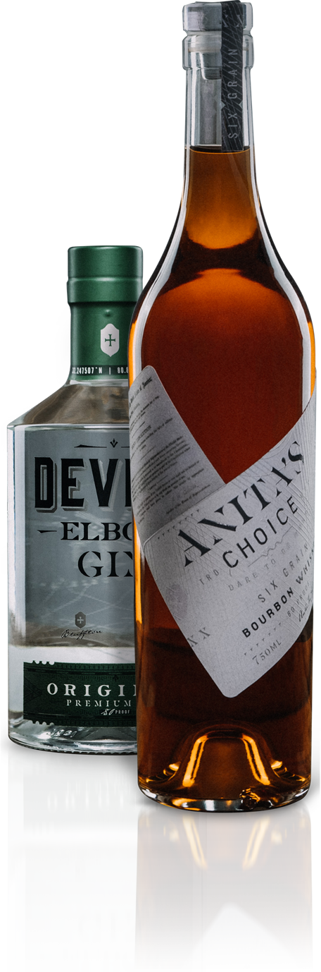 Two bottles of liquor side by side, one labeled Devils Elbow Gin with a green cap and the other labeled Anity's Choice Bourbon Whiskey with an amber liquid.
