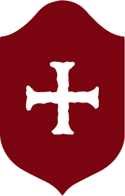 White cross with uneven arms on a red shield-shaped background.
