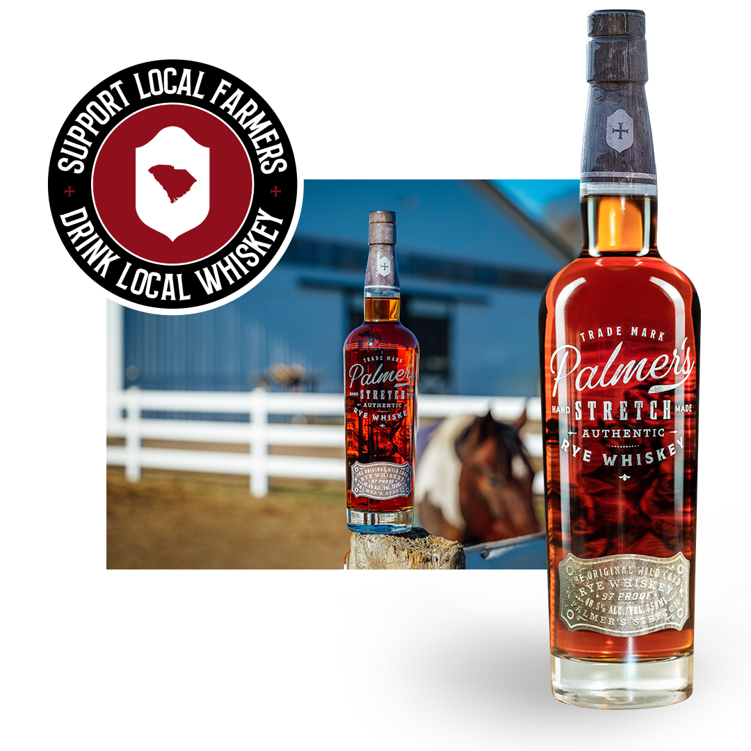 Bottle of Palmer's Stretch authentic rye whiskey with a horse and barn in background.