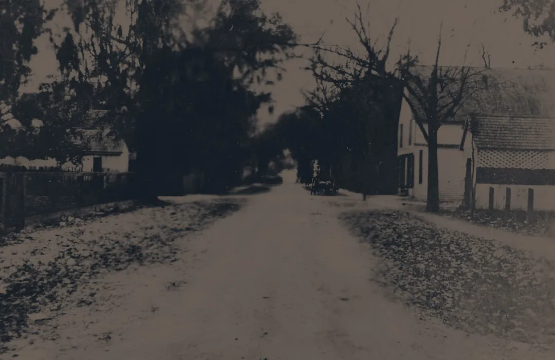 Black and white photo of a rural dirt road lined with bare trees and old houses on each side.