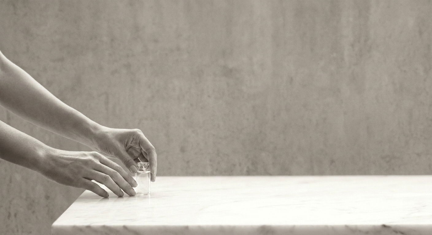 Two hands placing a small clear glass vial on a white marble surface, in black and white.