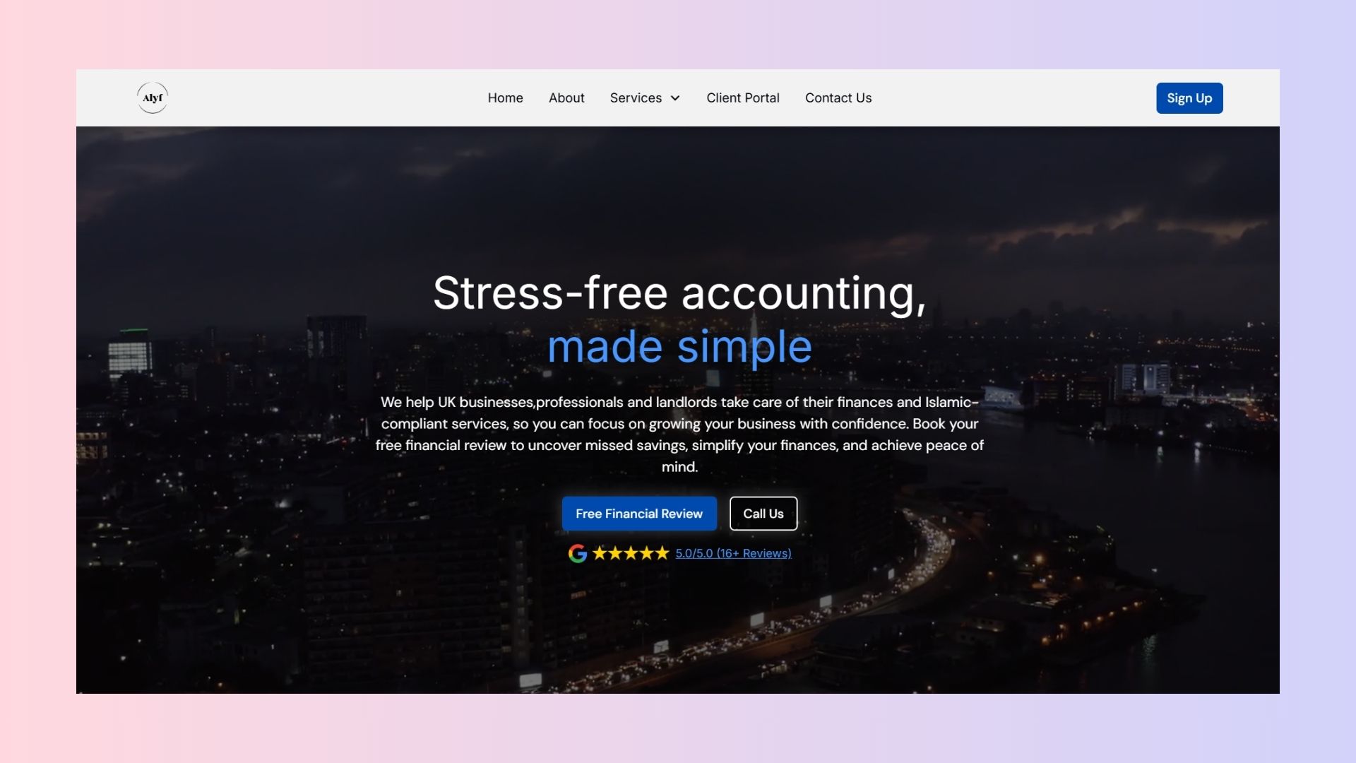 A modern accounting website designed for Alyf, featuring a clear hero section, service-focused messaging, Google review proof, comparison content, FAQs, and a booking-focused call to action.