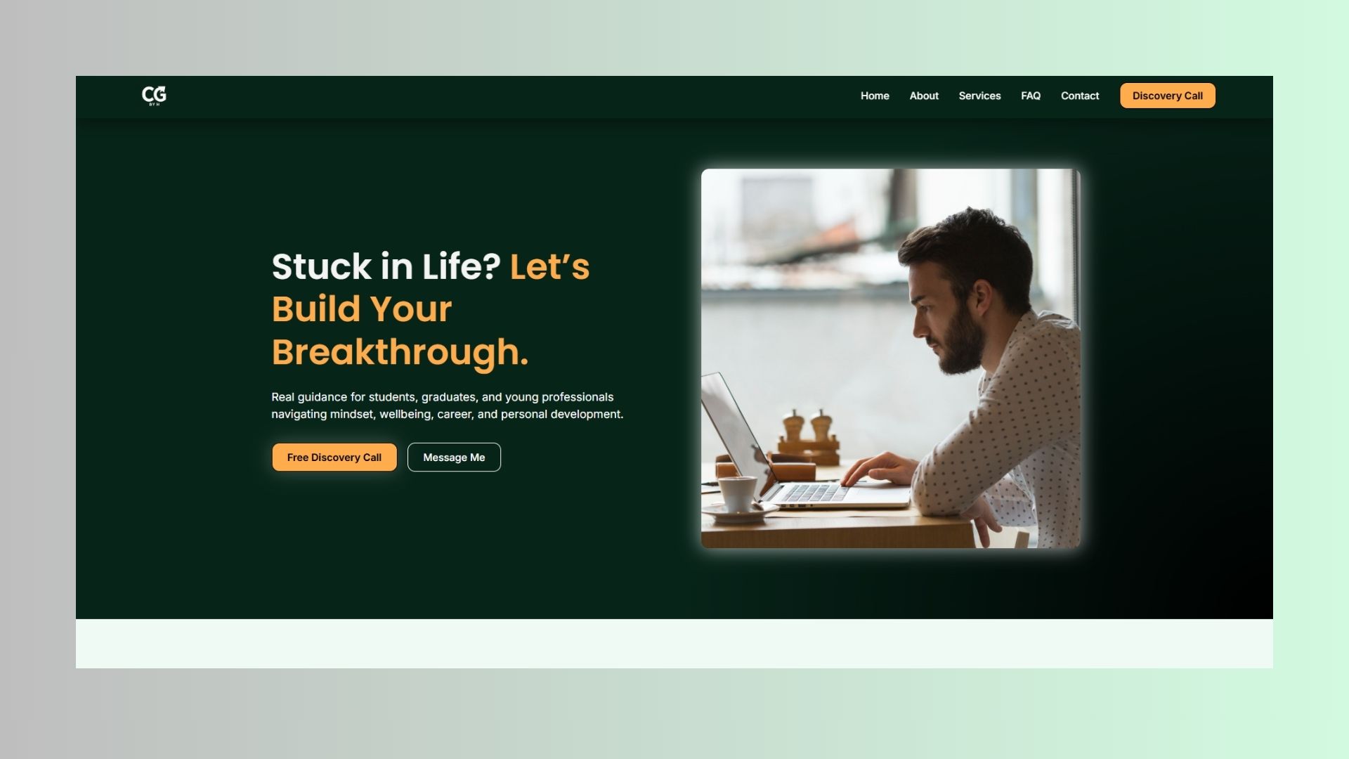A clean personal brand landing page for Chasing Growth by H, featuring clear coaching messaging, service sections, credibility points, FAQs, and strong calls to action for discovery calls and direct messages.