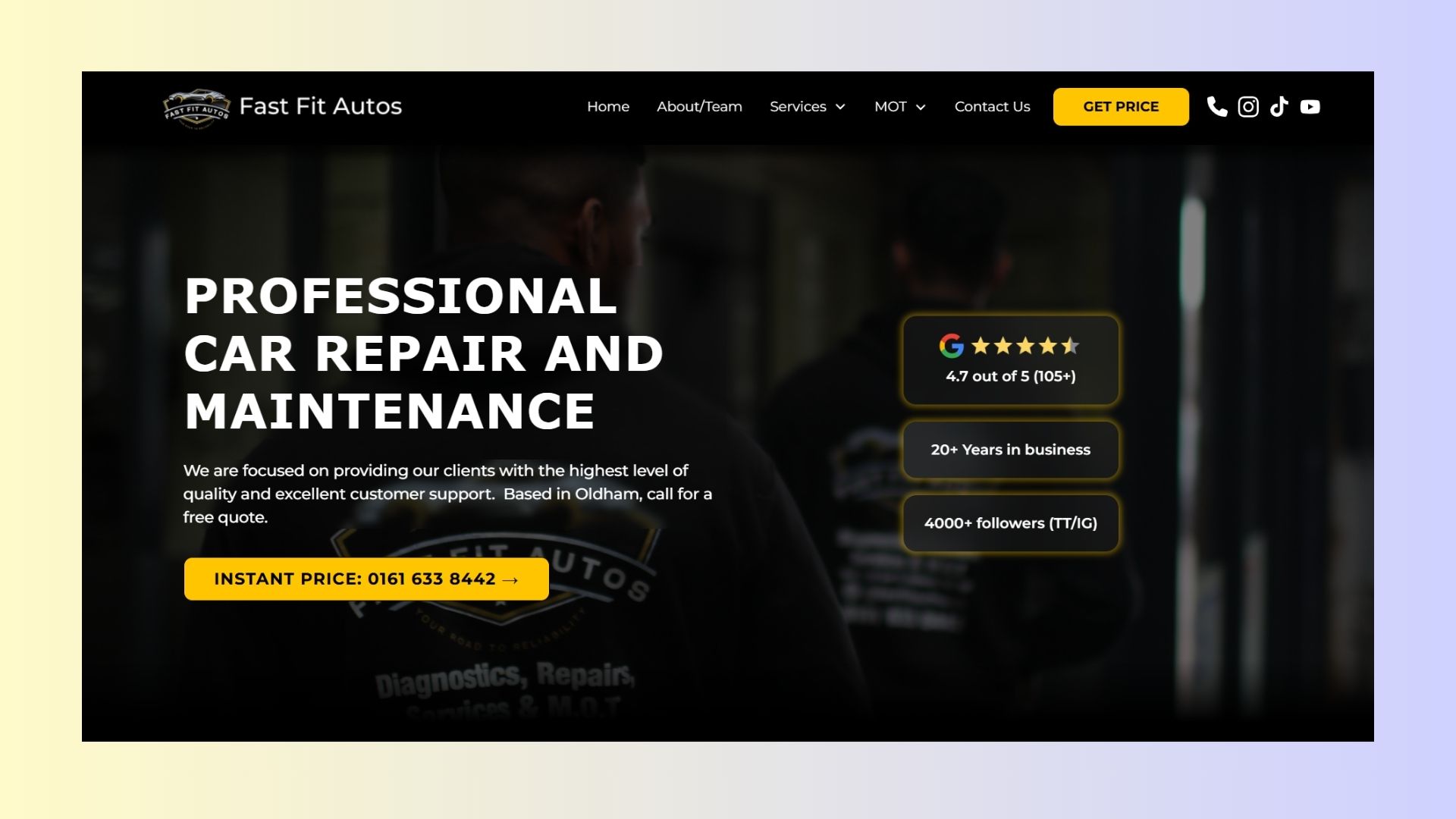 A conversion-focused garage website for FastFitAutosUK, featuring clear repair and MOT services, strong local trust signals, Google review proof, social media credibility, FAQs, and a direct call-based enquiry journey.