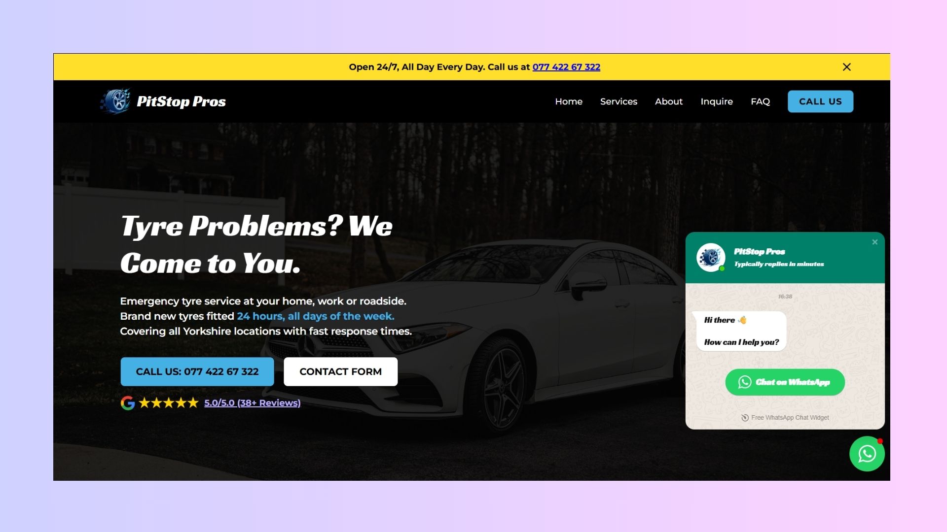 A high-converting mobile tyre service website featuring 24/7 emergency callouts, clear service sections, strong review proof, local coverage details, FAQs, WhatsApp live chat, and direct call-based enquiry buttons.