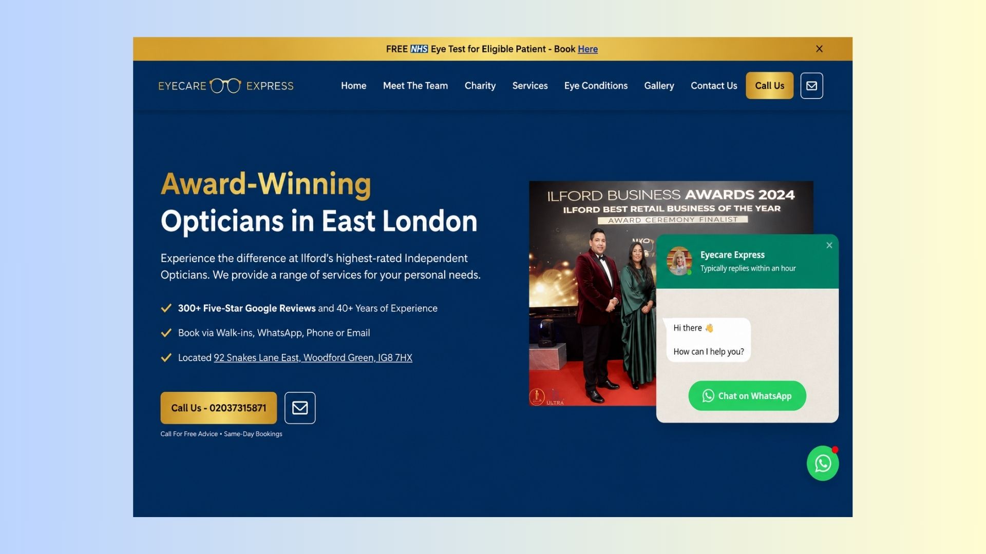 A trust-focused opticians website featuring same-day eye test booking, 350+ five-star review proof, 40+ years of experience, cardiovascular retinal screening messaging, patient testimonials, service sections, FAQs, and clear phone and WhatsApp booking calls to action.