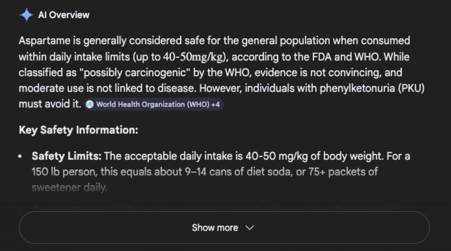Screenshot of the Google AI overview concerning how healthy aspartame is