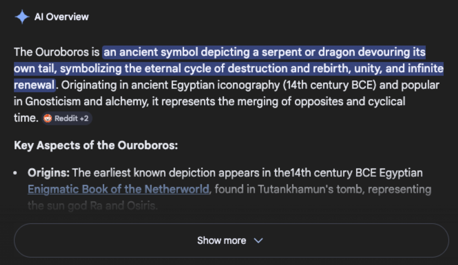 A screenshot of Google's AI Overview concerning what an ouroboros is