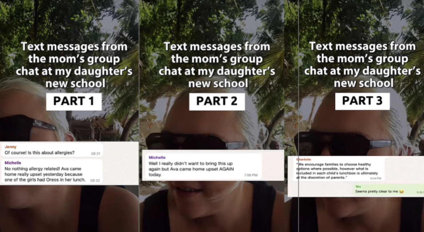 Screenshot of a series of instagram posts featuring a mom's group chat