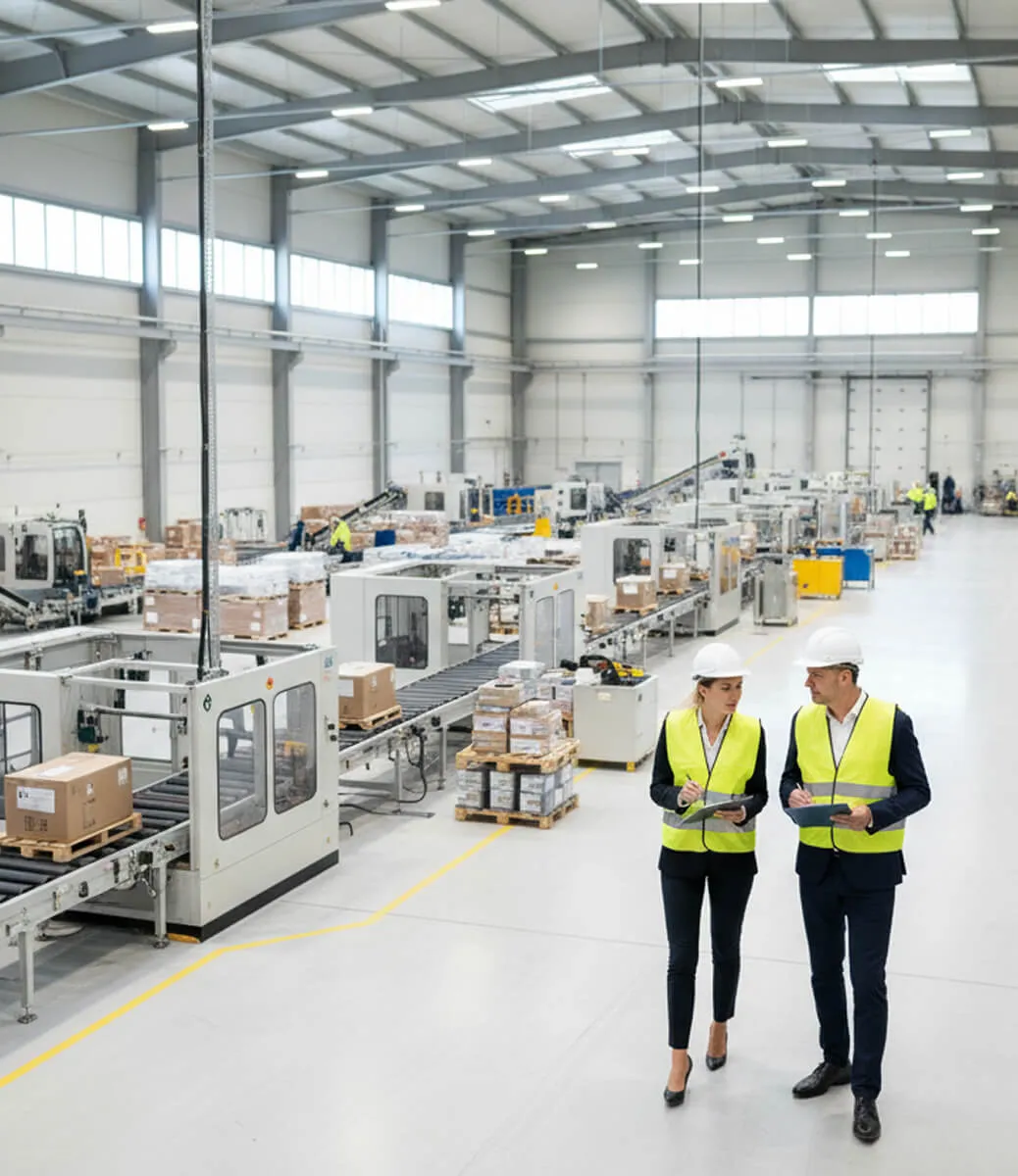 Two managers in high-visibility vests walking the floor of a modern manufacturing plant.