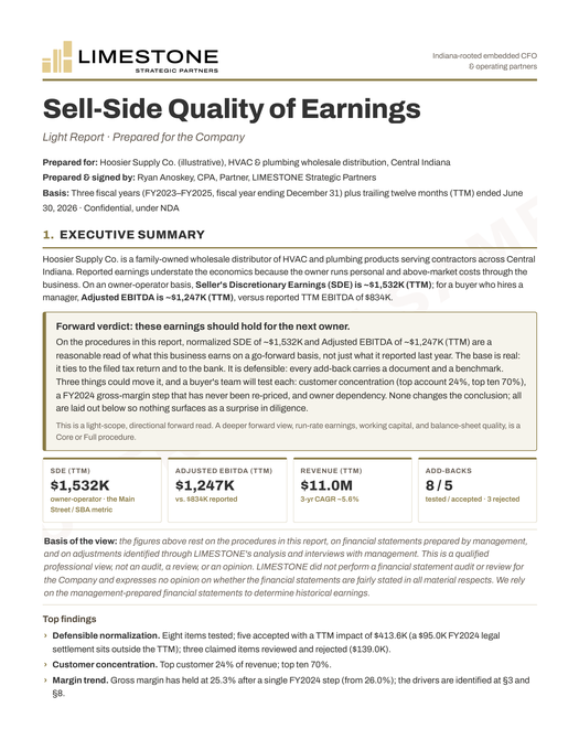 First page of the LIMESTONE sample Quality of Earnings report, Light scope