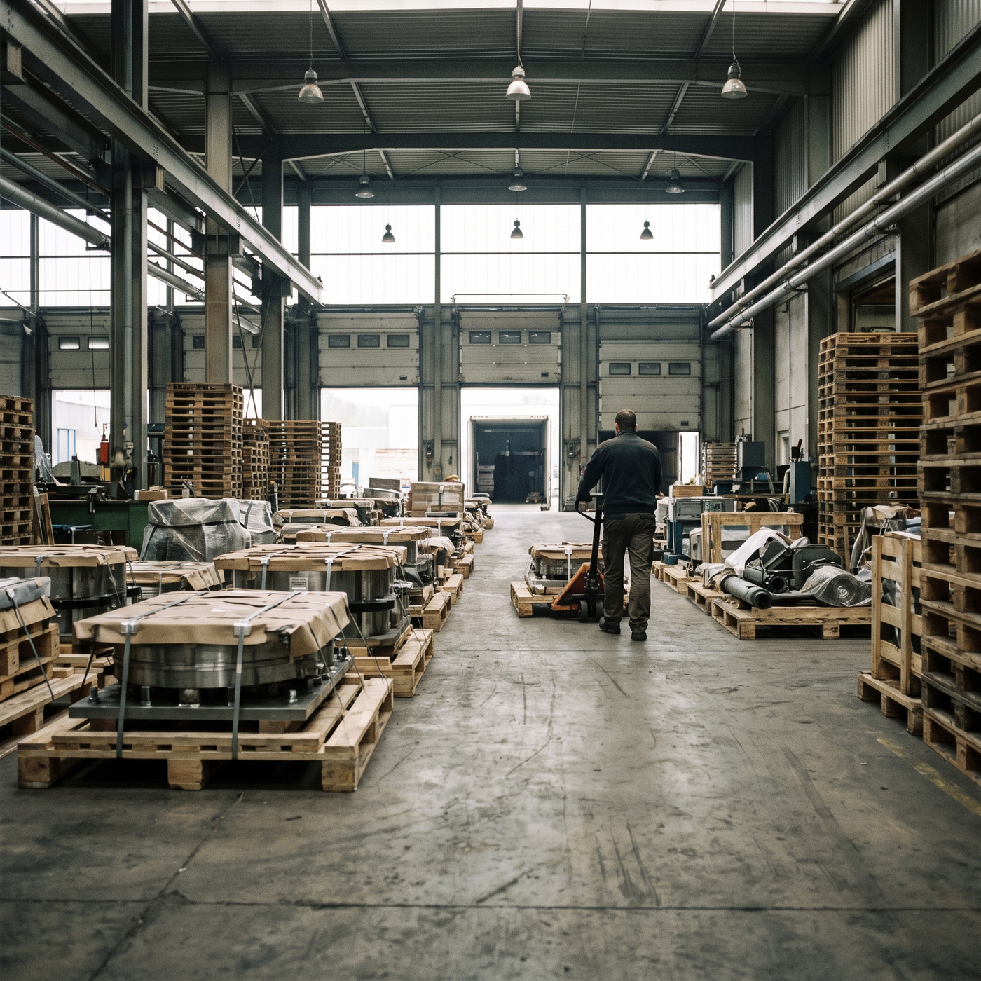 A worker moving a pallet down the aisle of an industrial workshop, tooling and stacked pallets either side.