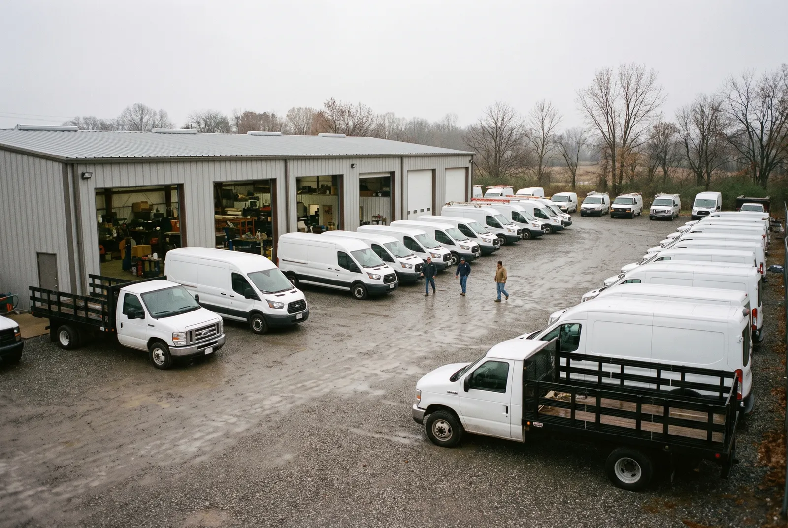 A fleet of service vans lined up outside a light-industrial building.