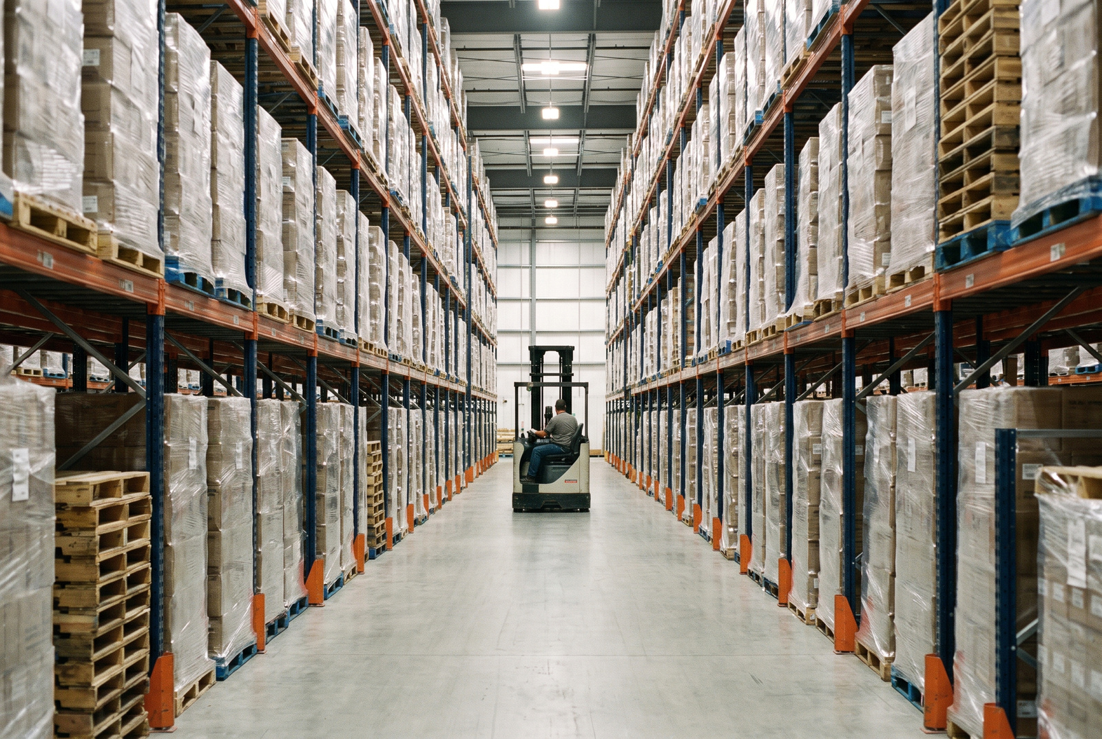 The racking aisle of a wholesale distributor, pallets stacked to the roof and a forklift partway down.