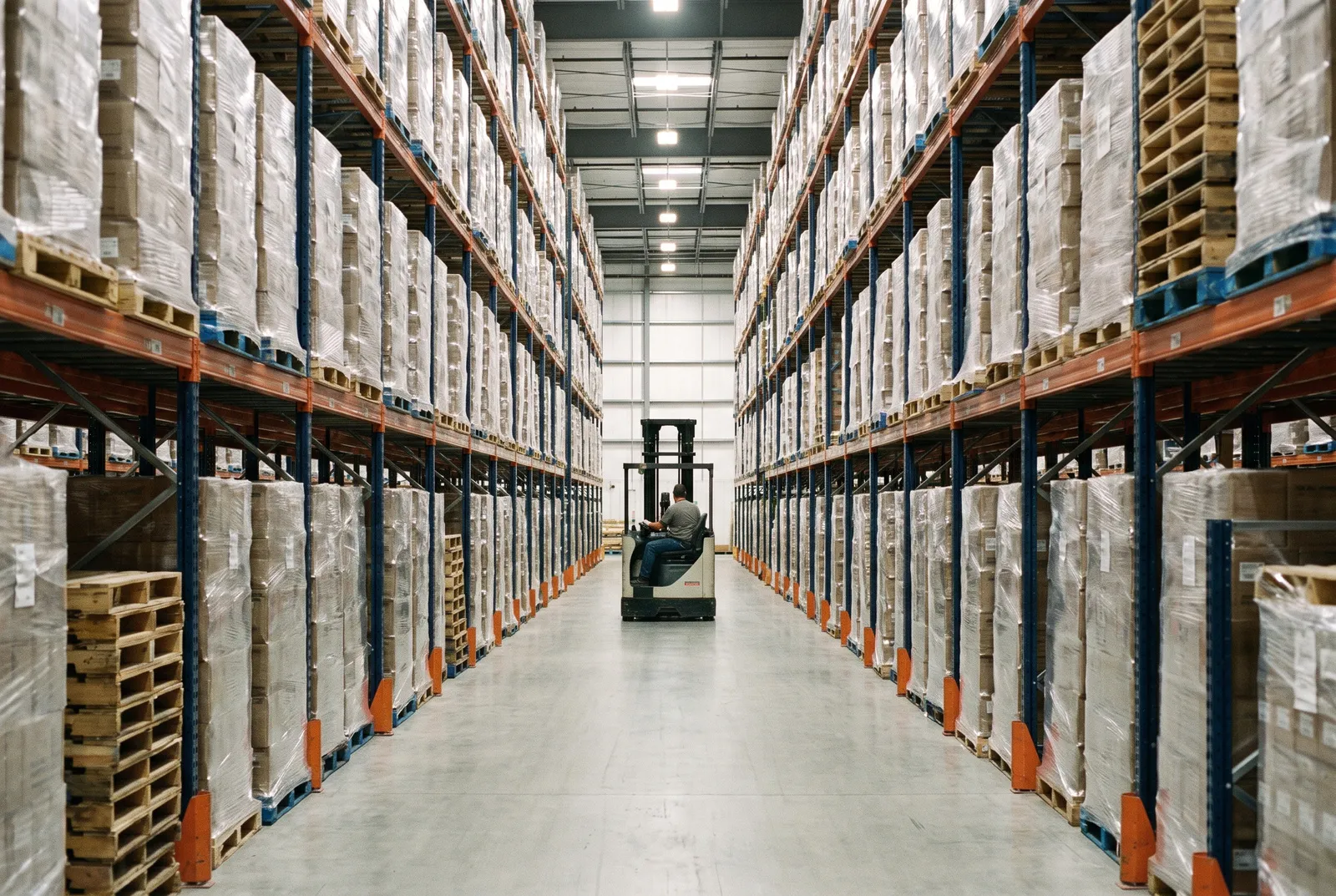 The racking aisle of a wholesale distributor, pallets stacked to the roof and a forklift partway down.
