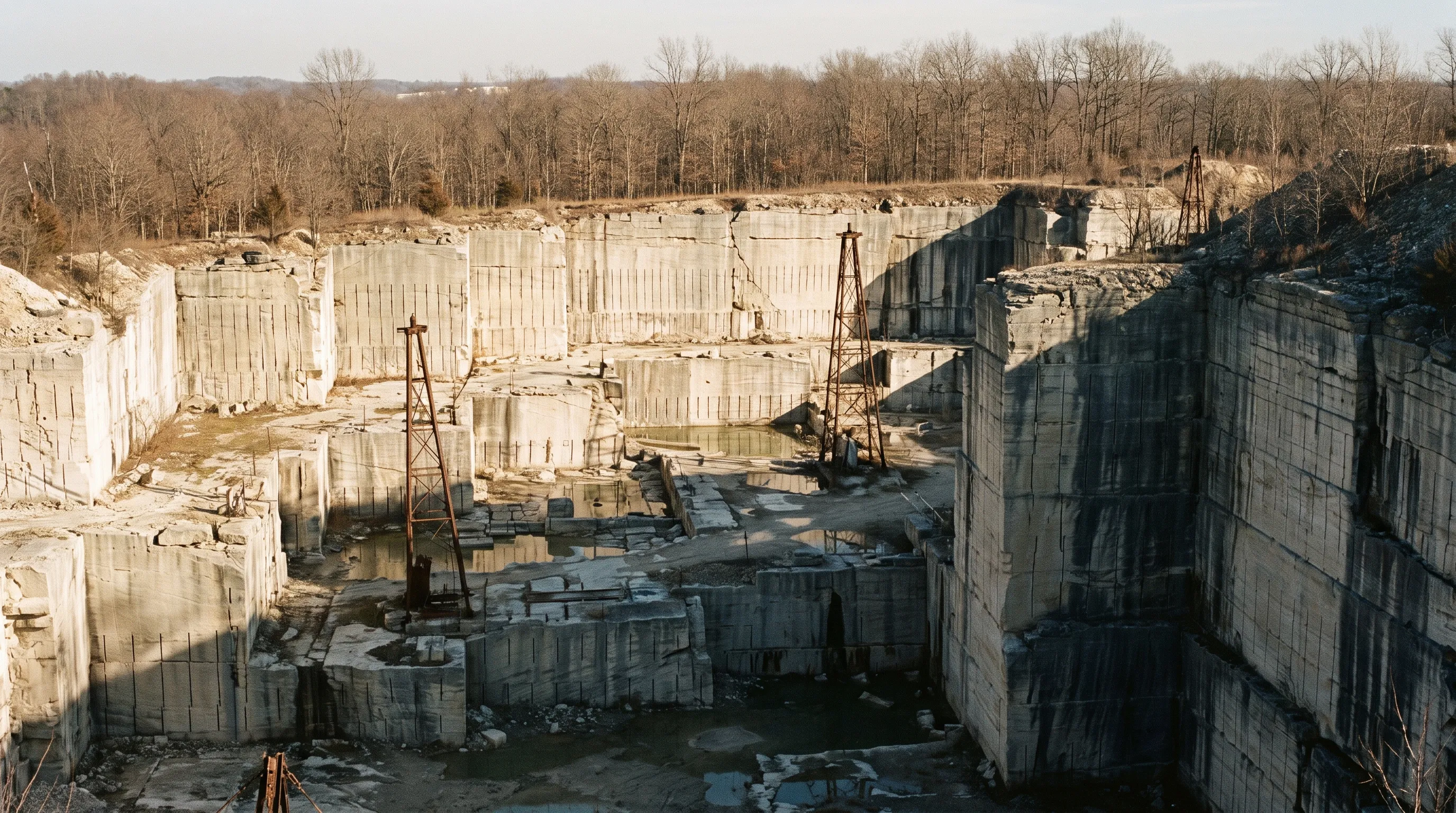 Indiana limestone quarry cut into stepped ledges