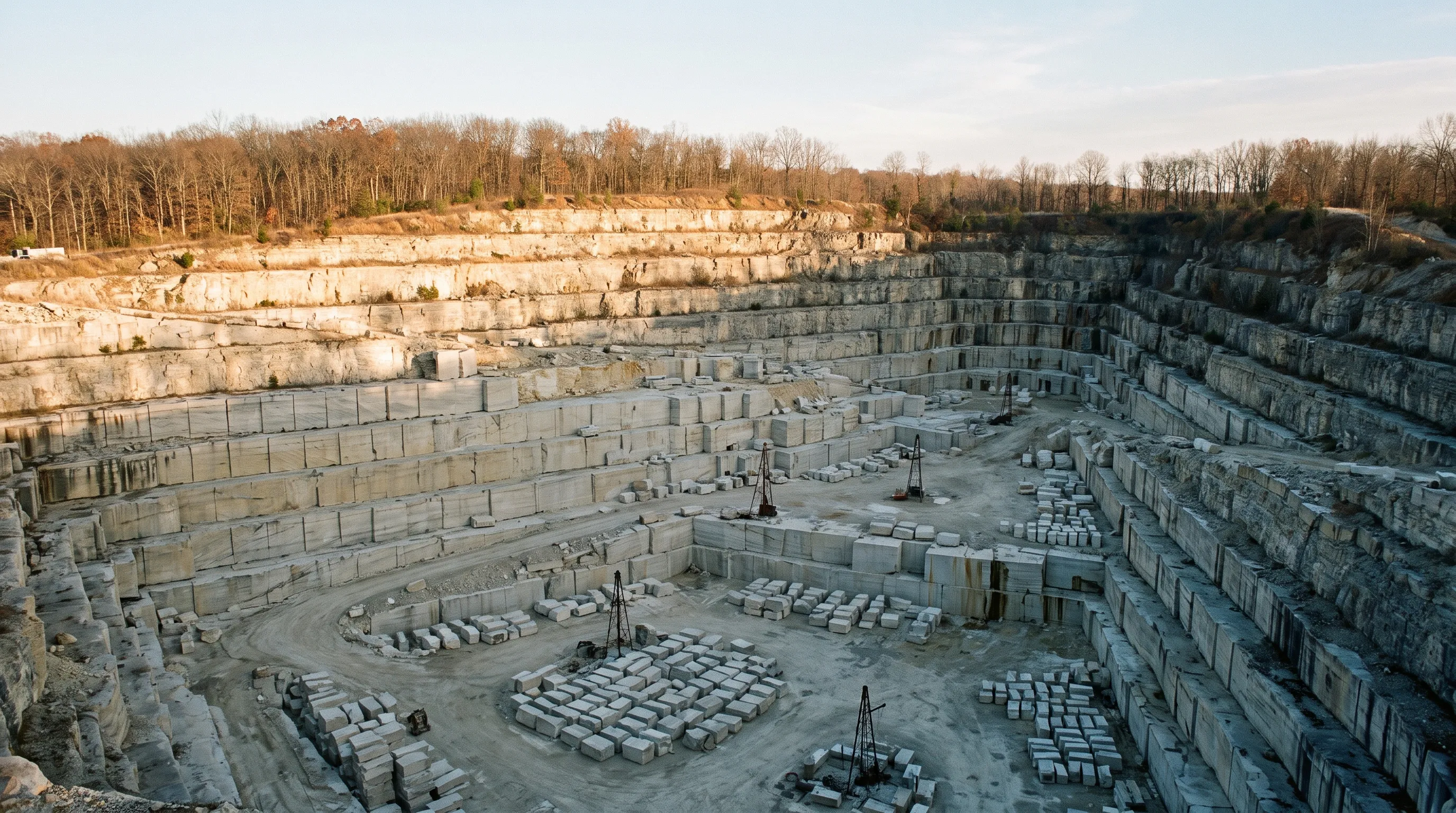 Aerial view of a working limestone quarry