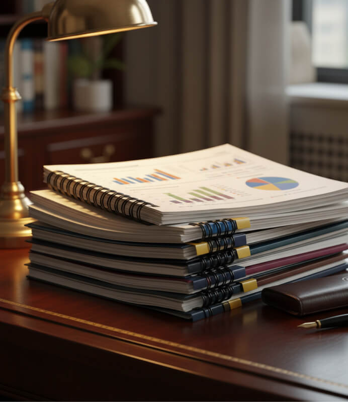 Stack of printed financial reports