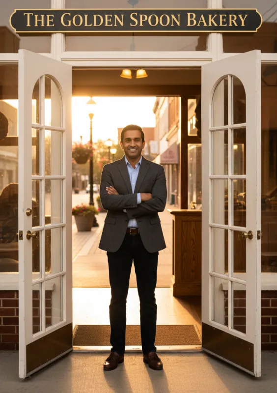 A business owner standing in the doorway of his own building, looking out
