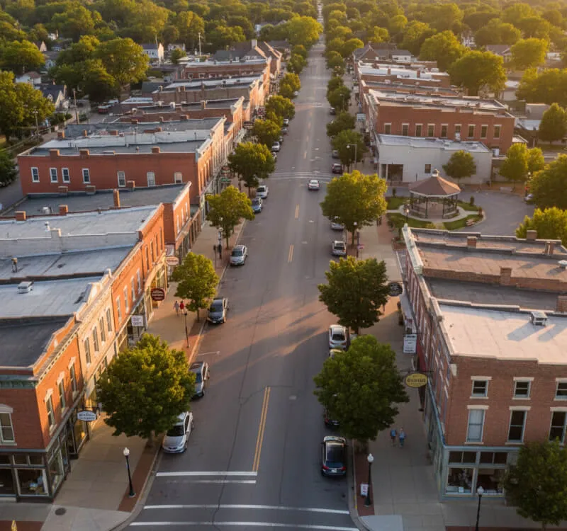 Aerial view of a downtown Indiana city