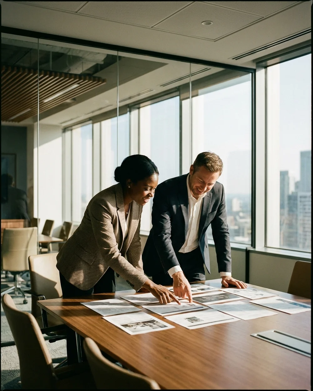 Two people working through printed financials at a table before a deal