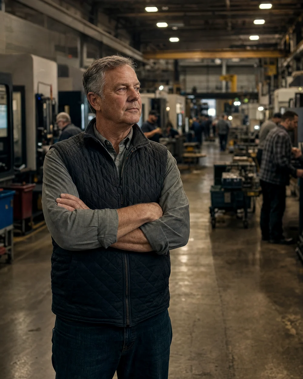 Owner on his plant floor with the crew and the machines behind him, the business that still runs through him