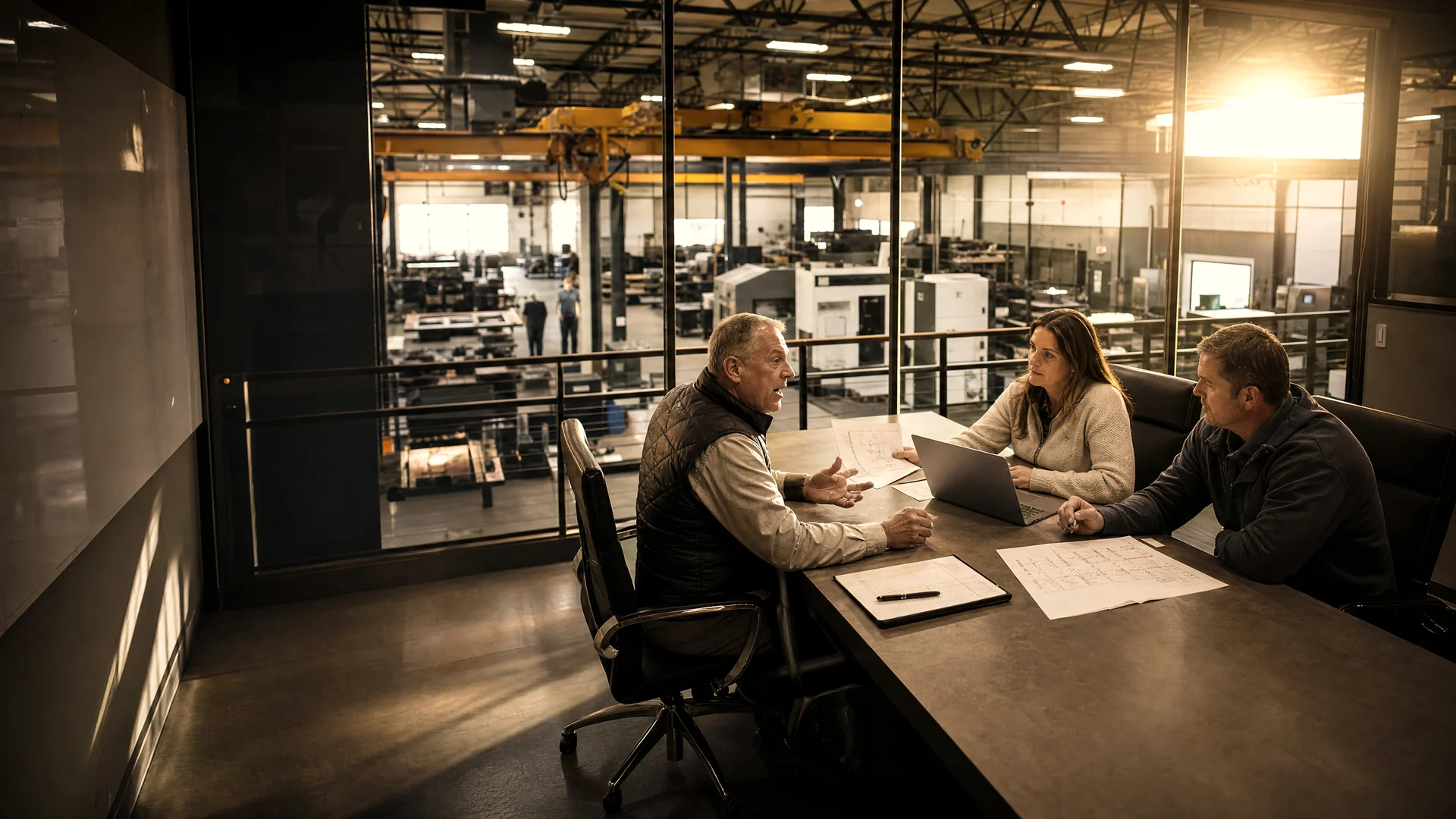 Owner, CFO and operating partner at a table in a plant mezzanine office, the machining floor and gantry crane behind the glass
