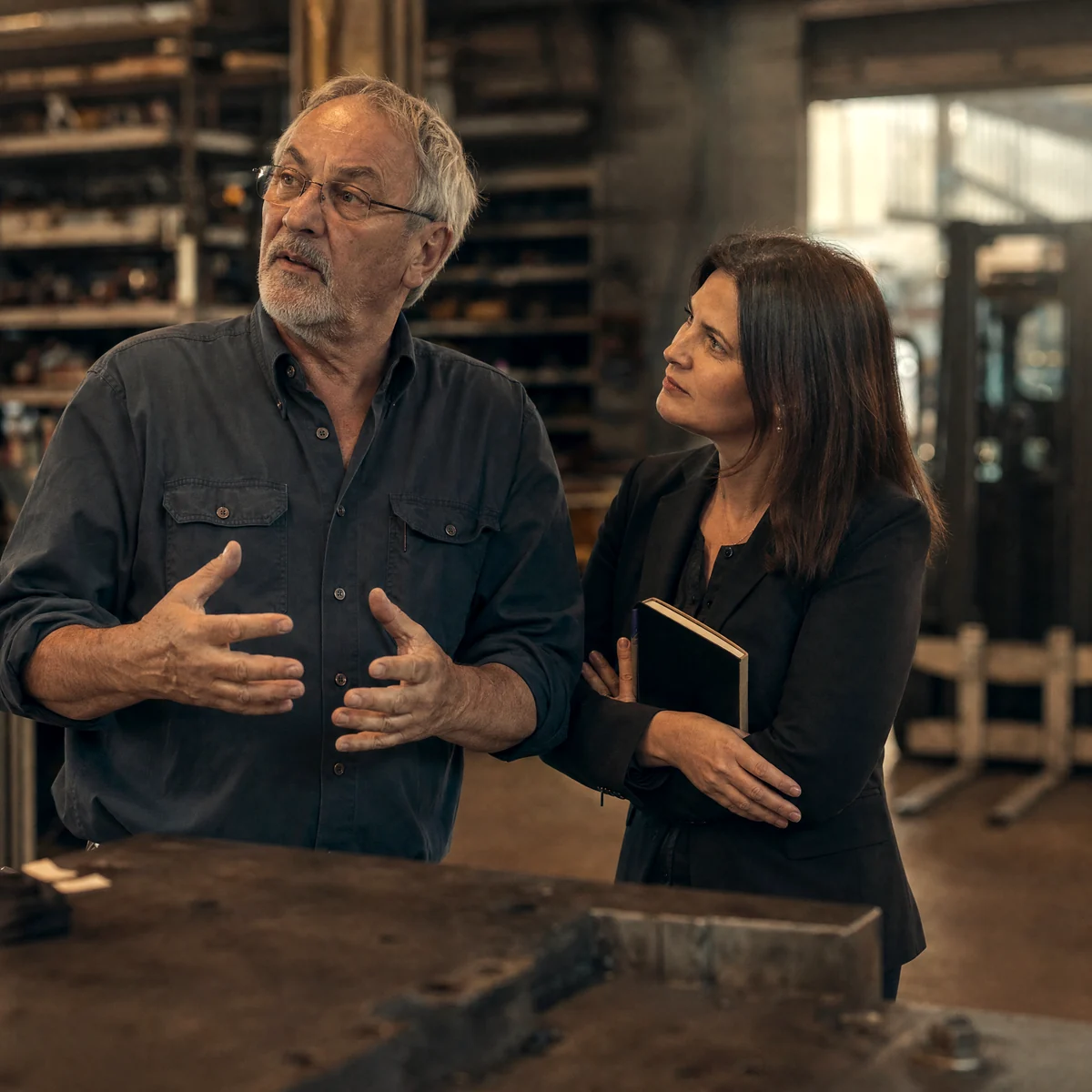 Business owner talking on the plant floor while an advisor listens with a closed notebook