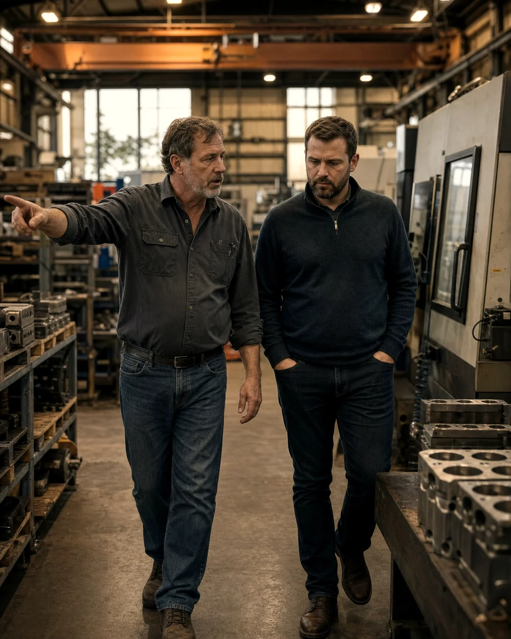 A prospective buyer walks a machine shop floor a step behind the seller, who is pointing across the machines