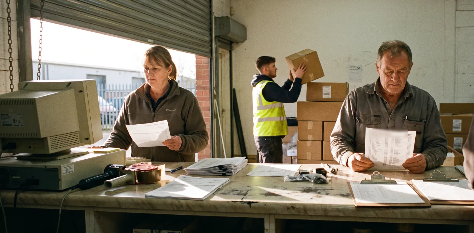Staff at the trade counter of a distribution business read order sheets while a worker stacks boxes behind them