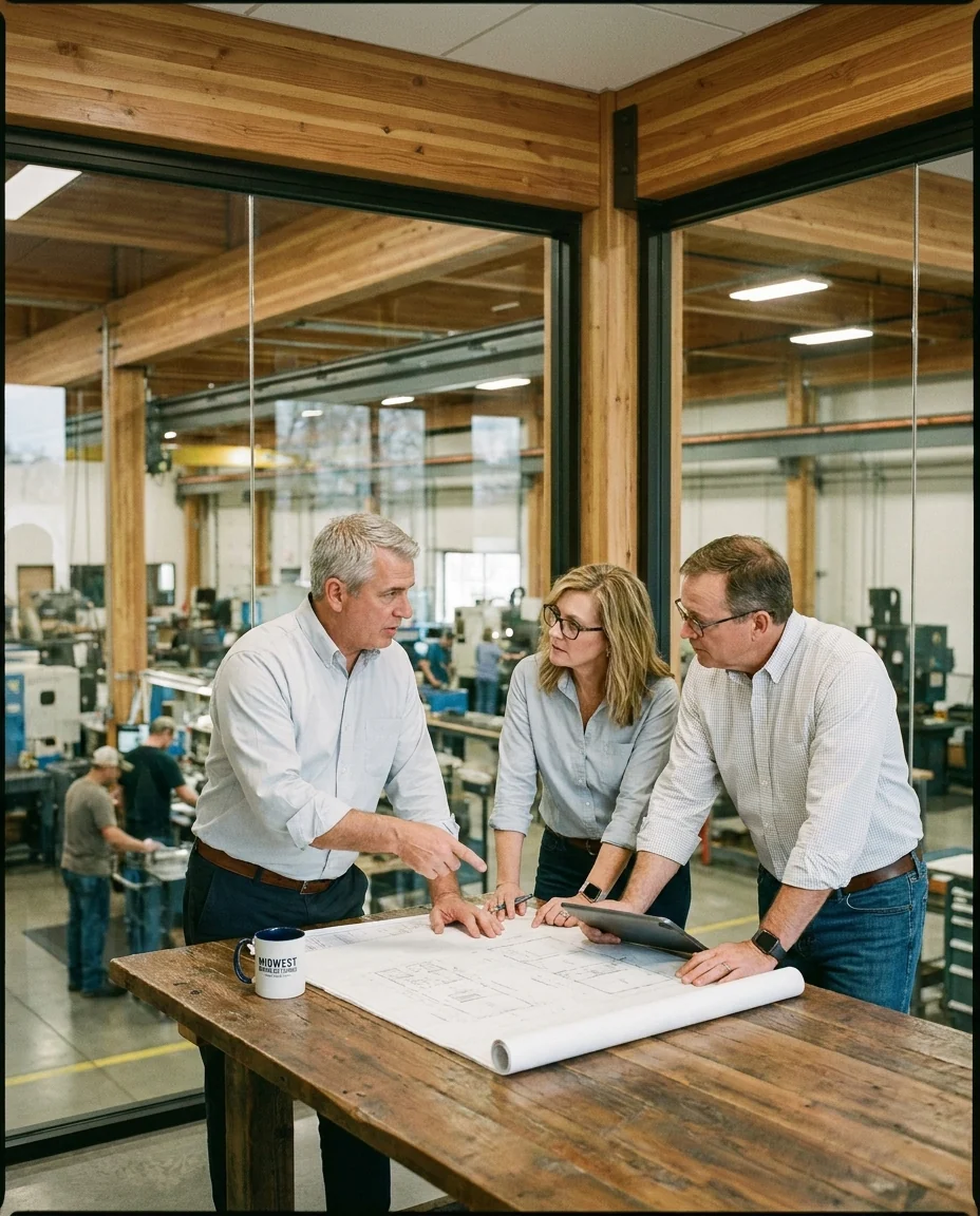 Three leaders working through the numbers in a glass office above the plant floor