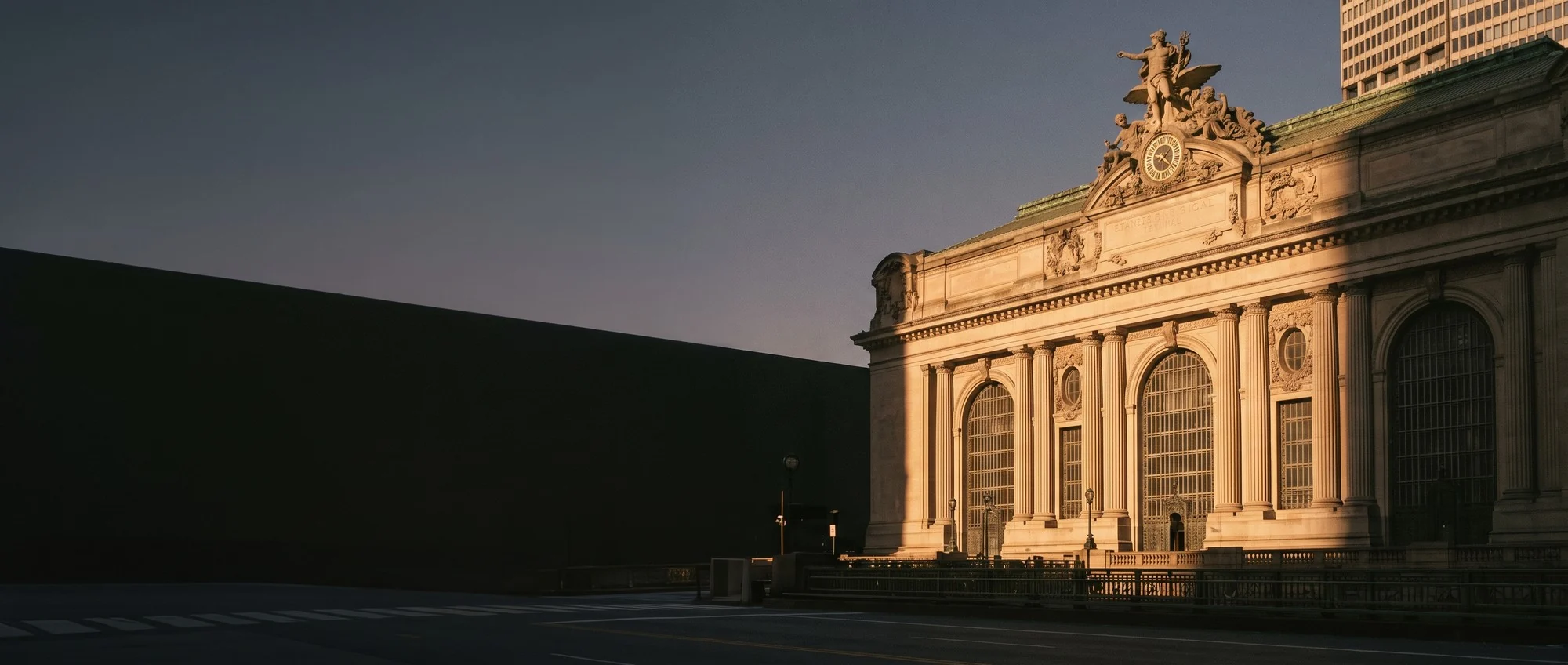 Grand Central Terminal’s Indiana limestone facade on 42nd Street in New York at dusk