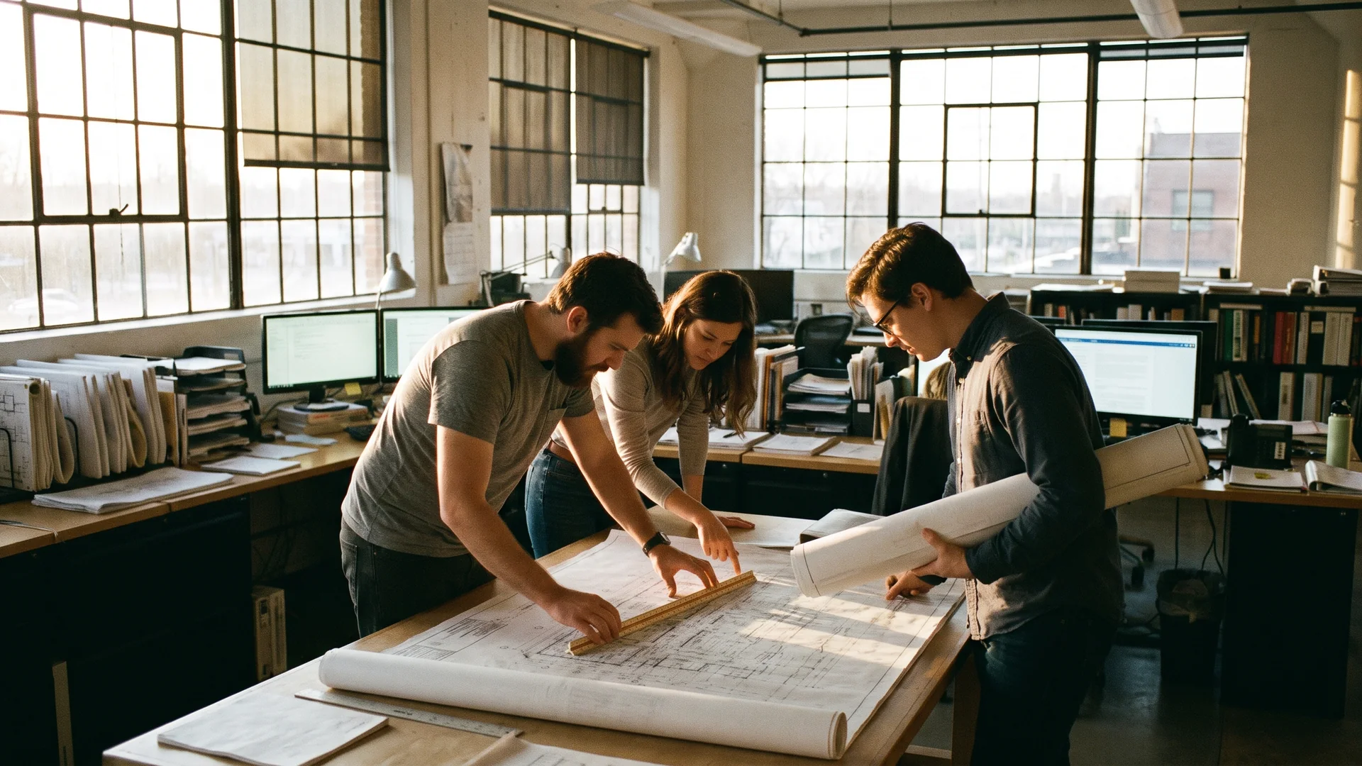 Three engineers work over a plotted site plan in a small firm’s office.