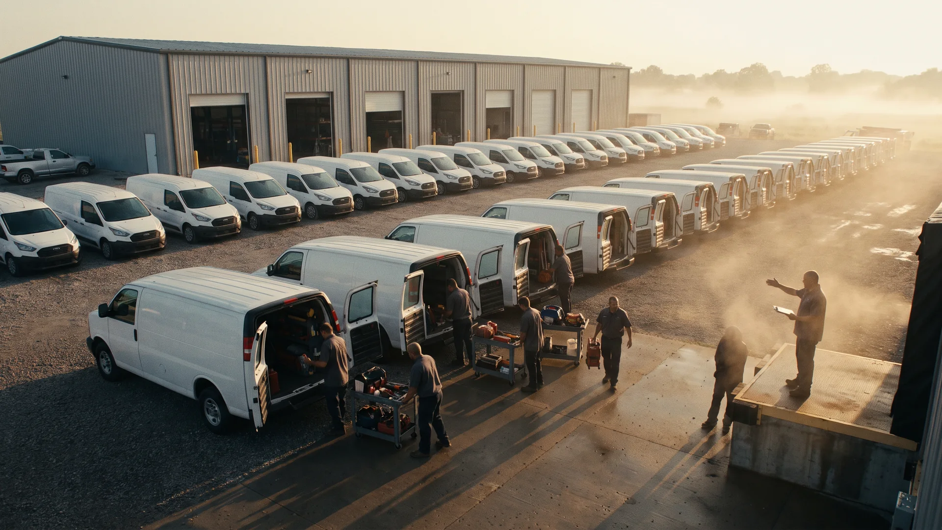 Technicians load a fleet of service vans outside a mechanical contractor’s shop at dawn.