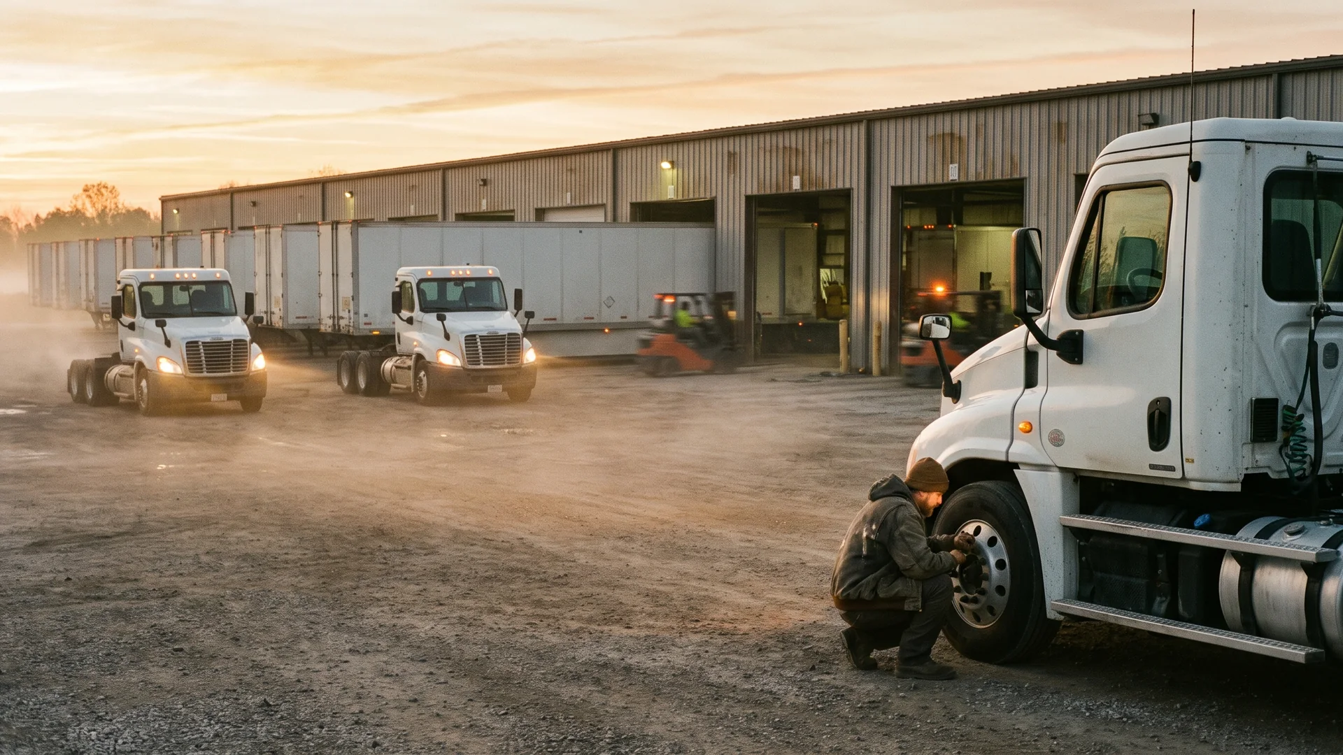 A driver checks a wheel during a pre-trip inspection at a regional trucking terminal.