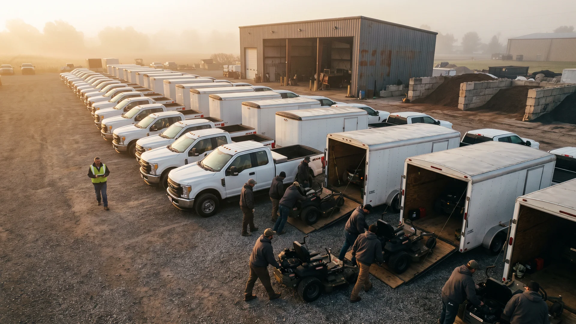 Crews load equipment across a commercial landscape company’s fleet yard at dawn.