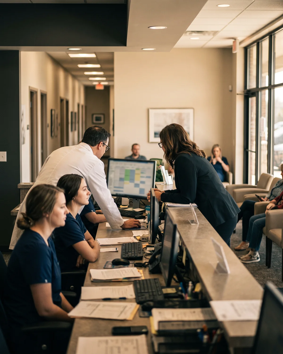 A dentist and the practice manager review the schedule at the front desk of a group practice.