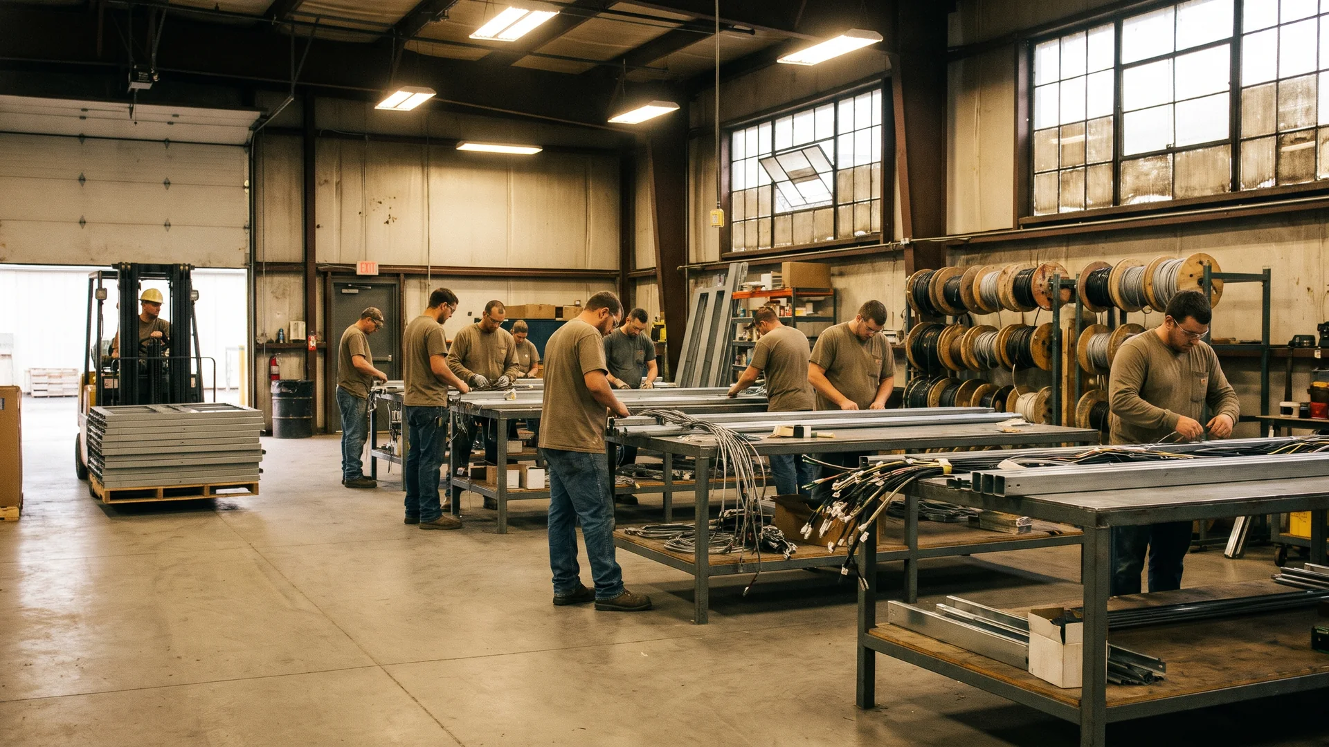 Electricians assemble conduit racks and harness kits in a contractor’s prefabrication shop.