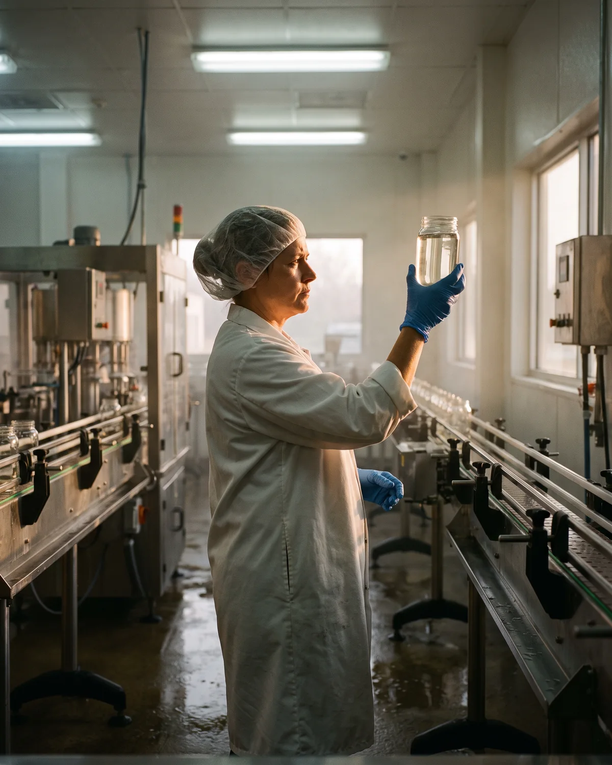 An operations lead checks a sample jar against the light on a filling line.