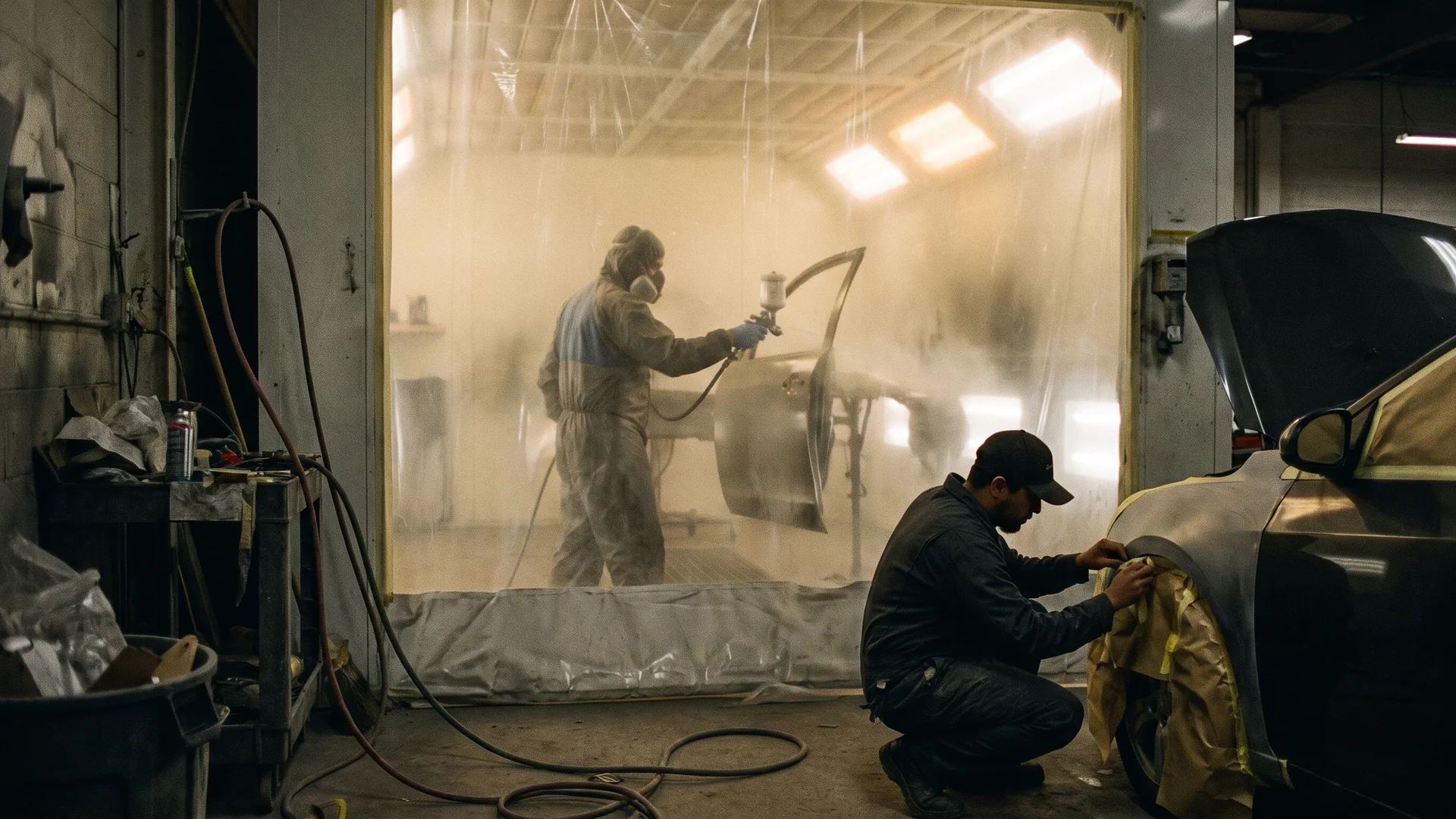 A technician sprays clear coat in a collision shop paint booth while another masks a fender.