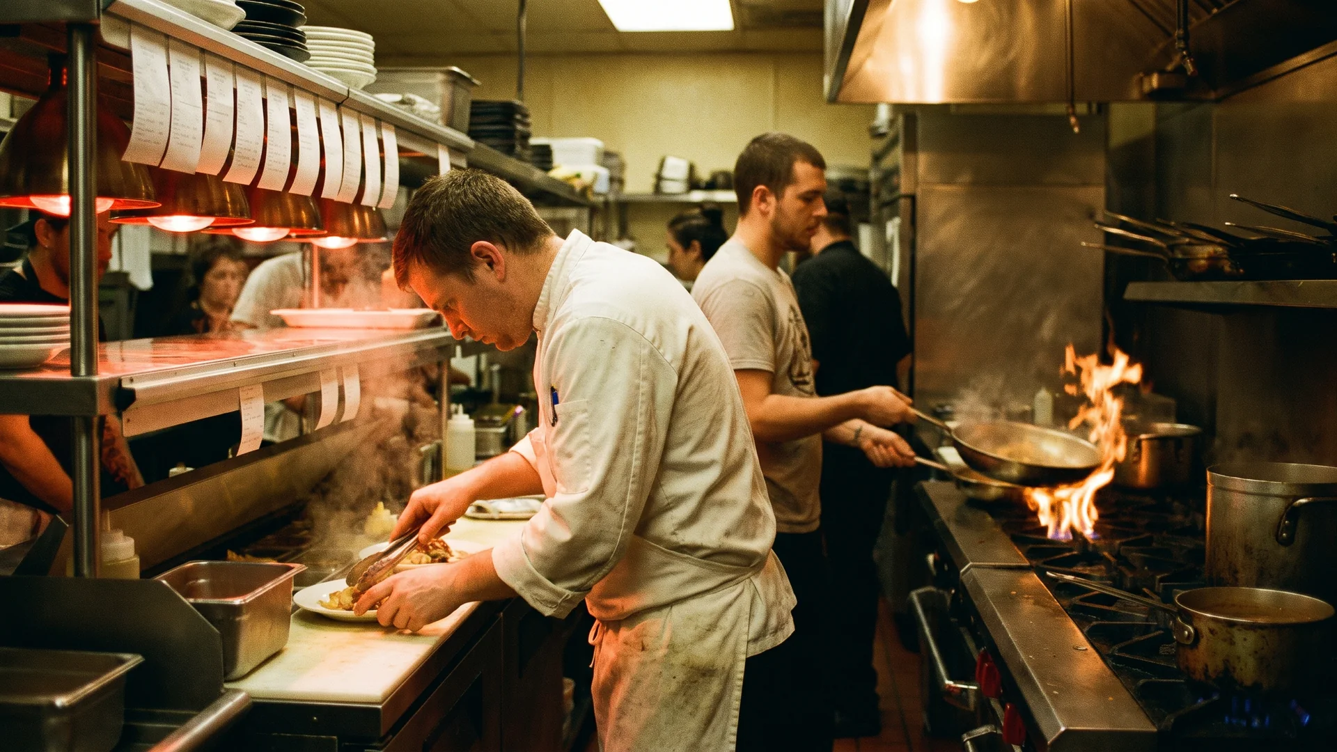 A chef plates at the pass during dinner service.