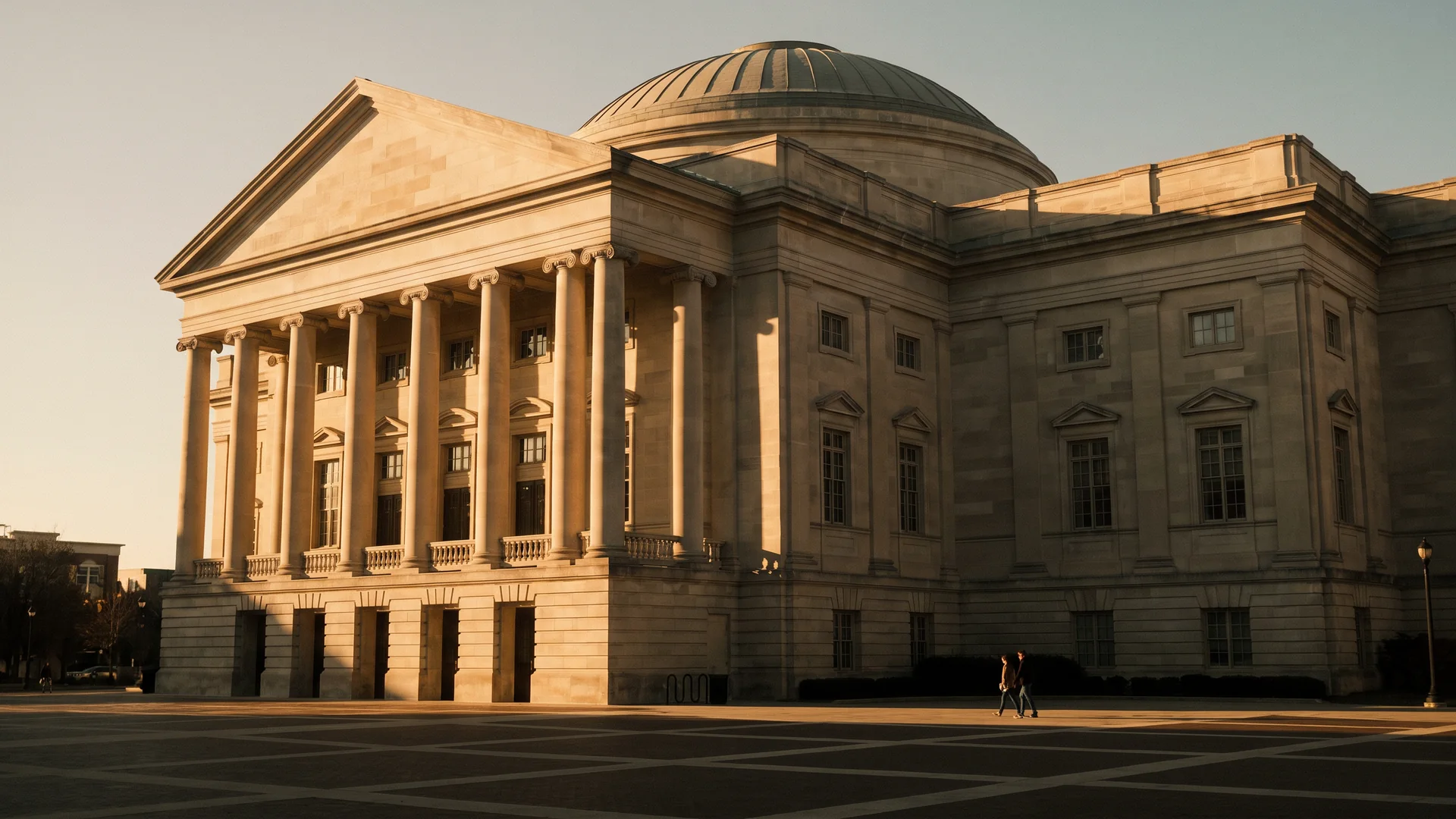 The Palladium at the Center for the Performing Arts in Carmel, Indiana, at golden hour.