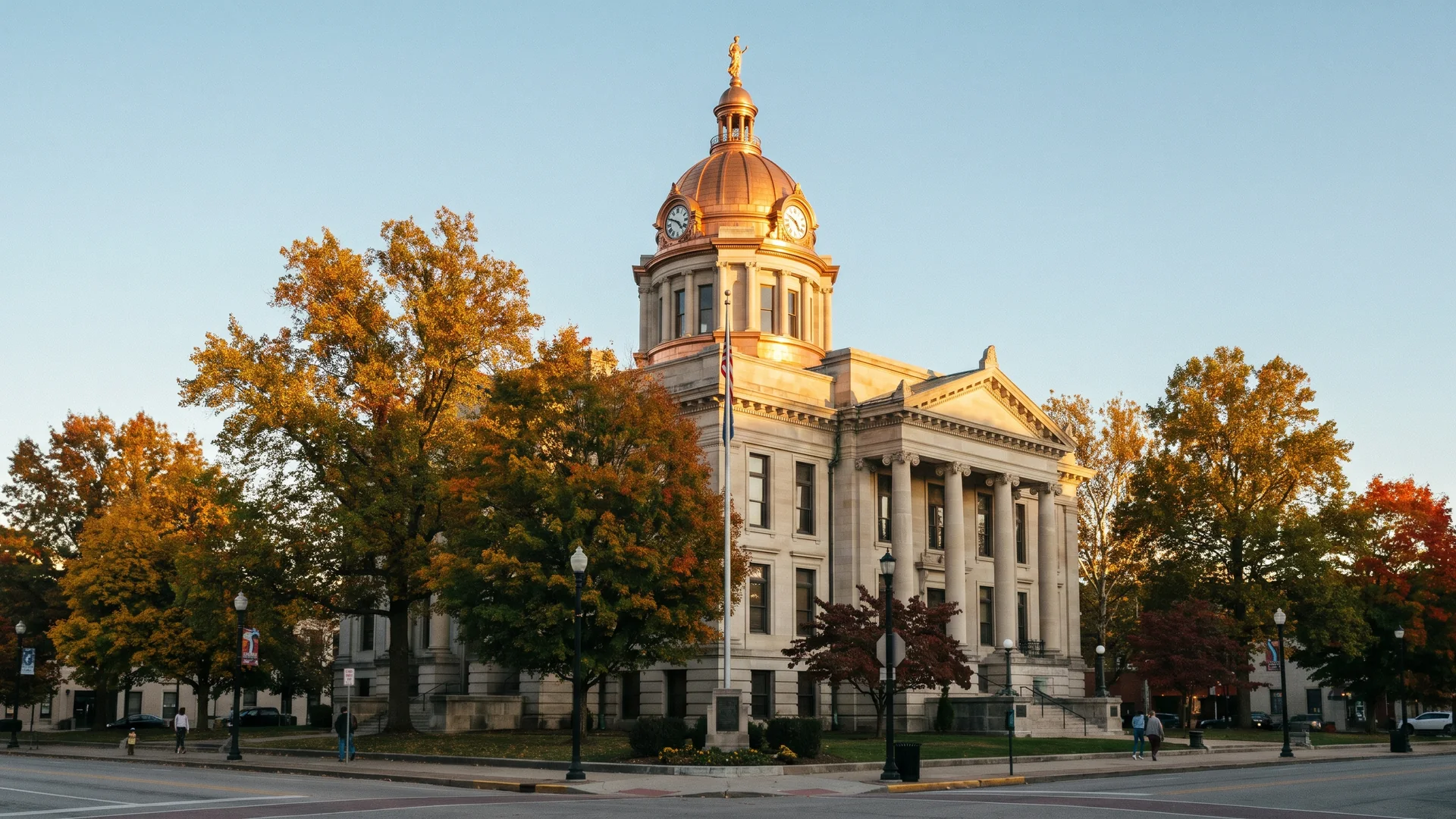 The Monroe County Courthouse in Bloomington, Indiana, in late light.
