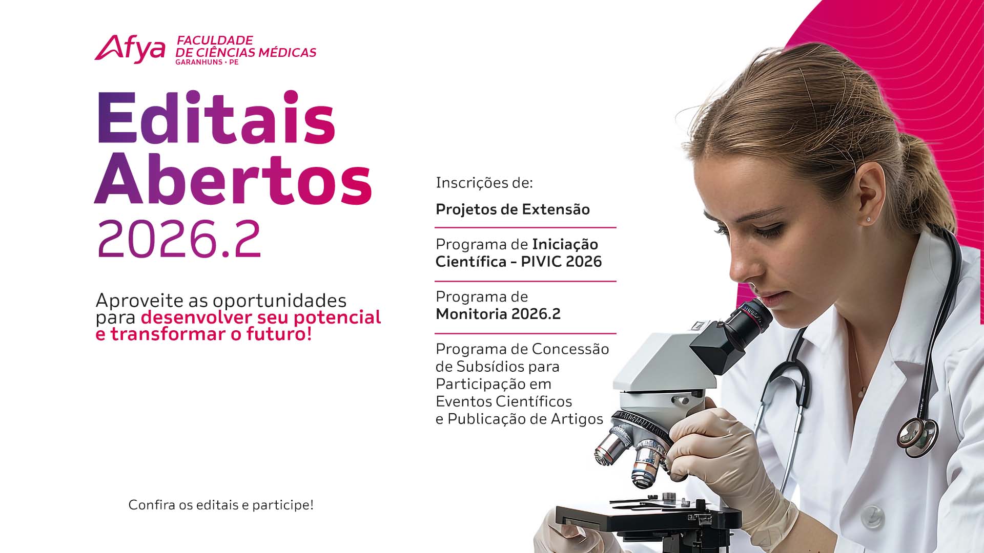 Afya Garanhuns abre editais para extensão, pesquisa, monitoria e apoio à participação em eventos científicos
