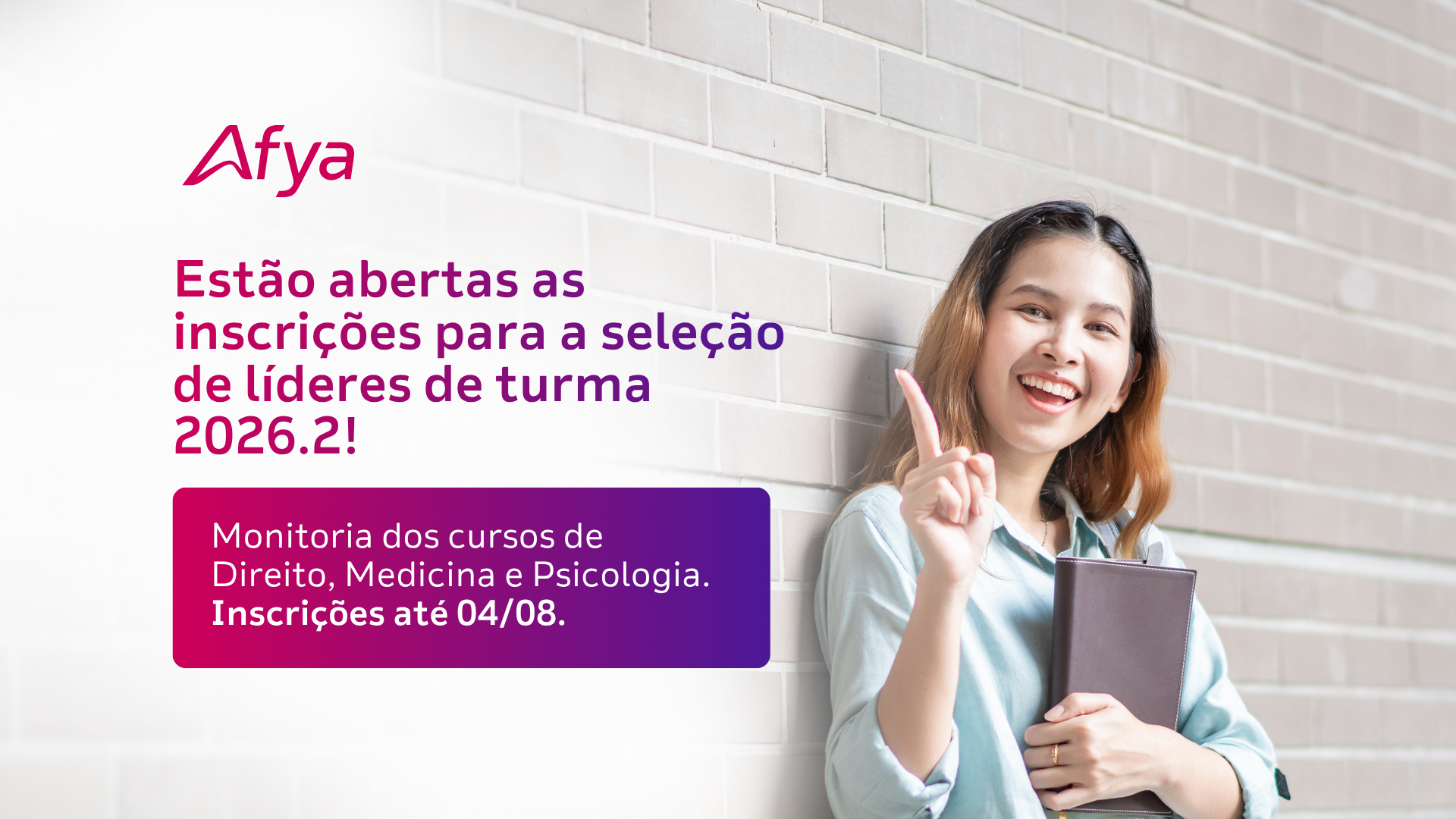 Programa Líderes Afya 2026.2 abre seleção para estudantes de Medicina, Direito e Psicologia