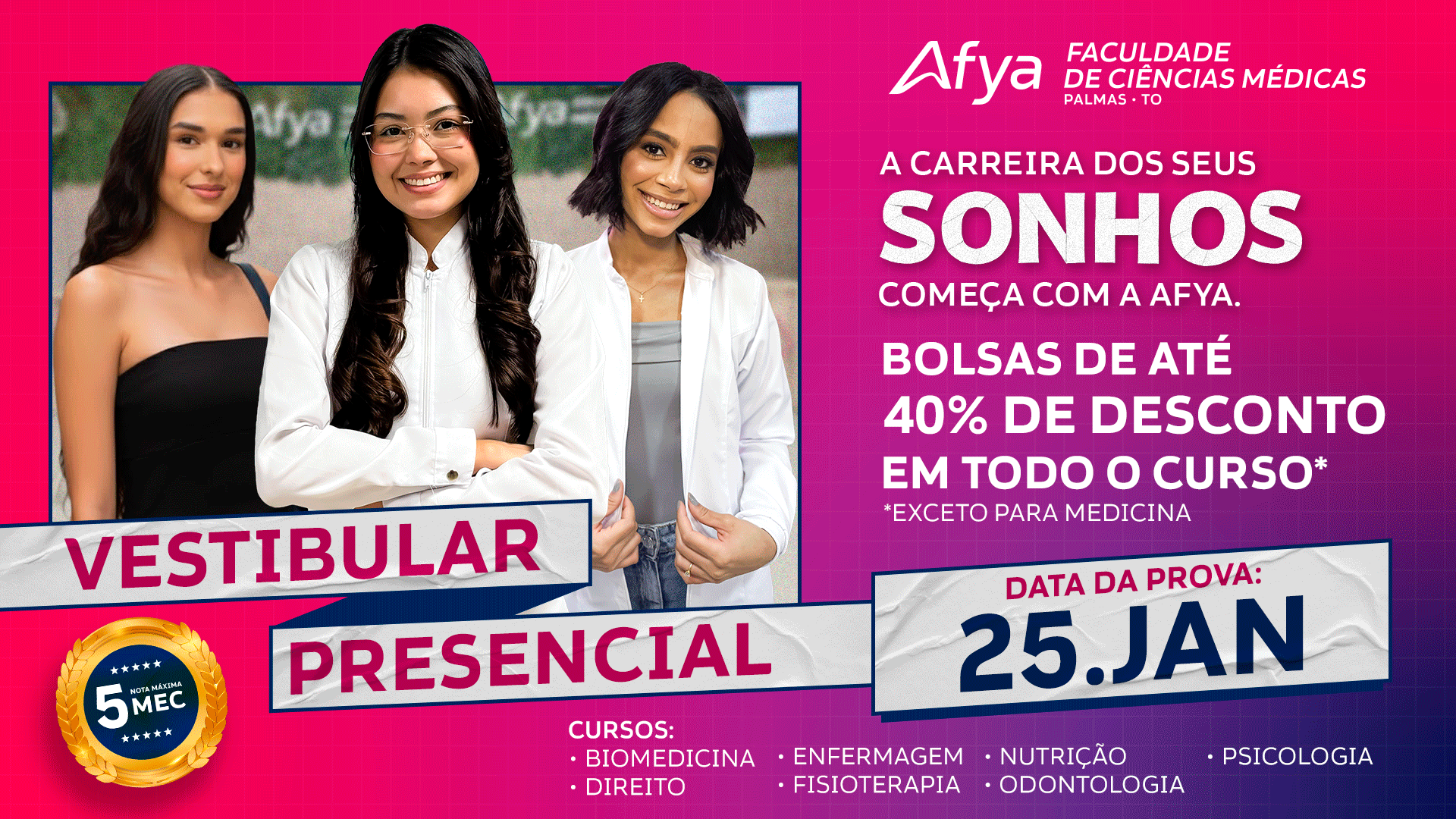 AFYA Palmas lança Vestibular Presencial 2026.1 com bolsas de até 40%