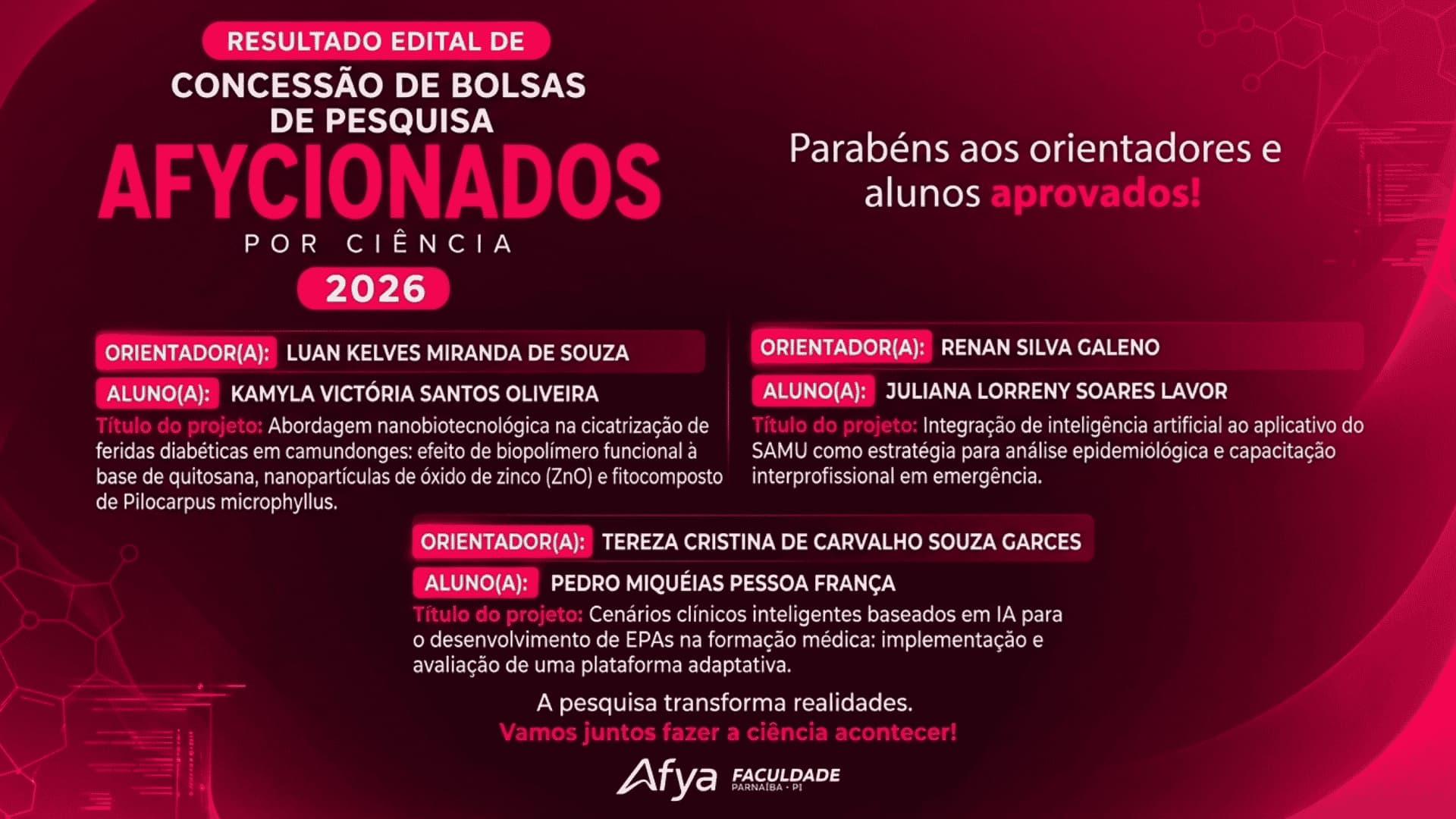 Resultado do Programa Afycionados por Ciência 2026