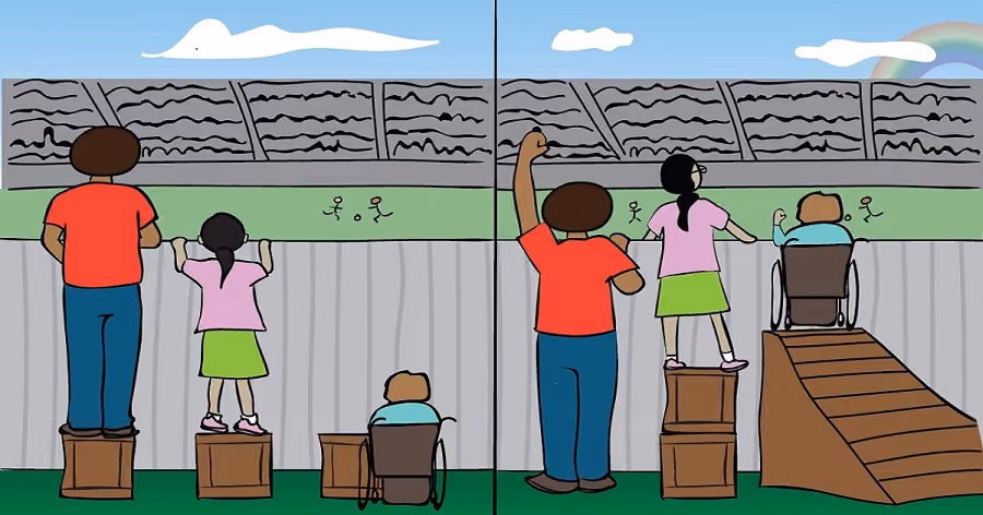 Illustration comparing equality and equity showing children watching a game over a fence