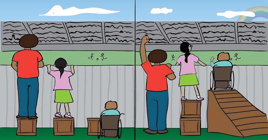 Illustration comparing equality and equity showing children watching a game over a fence