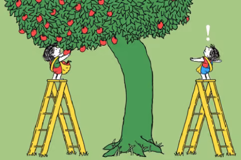 Student reaching apples in tree while another stands with empty plate